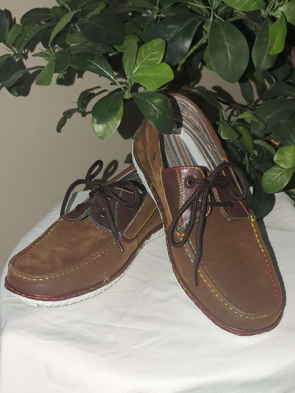 J's Awake Brown Leather Boat Shoes with Multicolor Stitching
